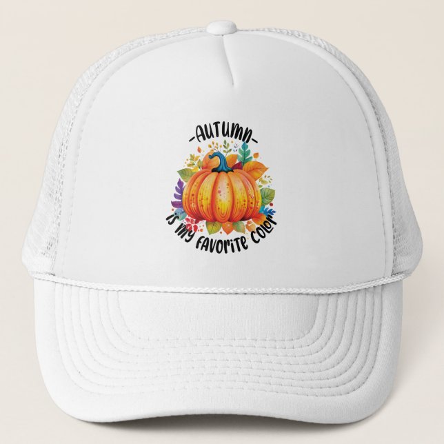 Autumn Is My Favourite Colour – Pumpkin and Leaves Trucker Hat (Front)