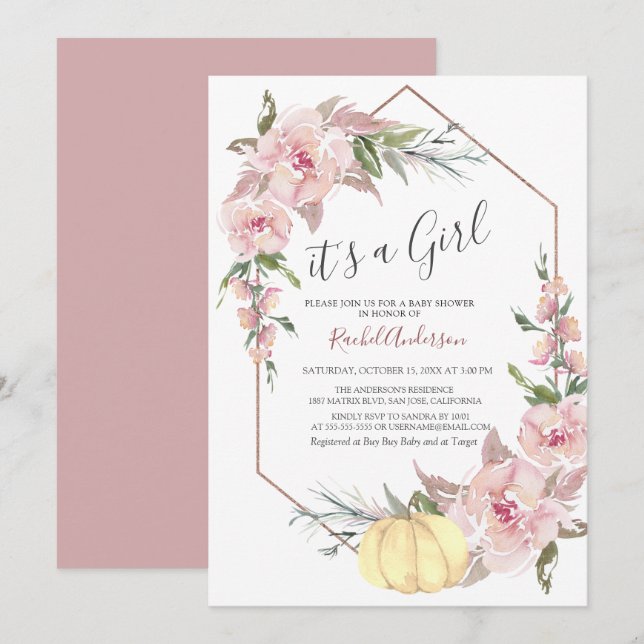 Autumn It's a Girl Pumpkin Baby Shower Invitation (Front/Back)