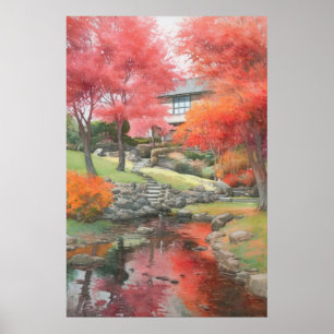 Autumn Japanese Modern Garden Watercolor Poster