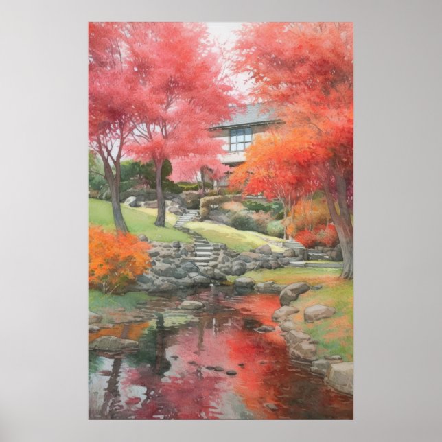 Autumn Japanese Modern Garden Watercolor Poster (Front)