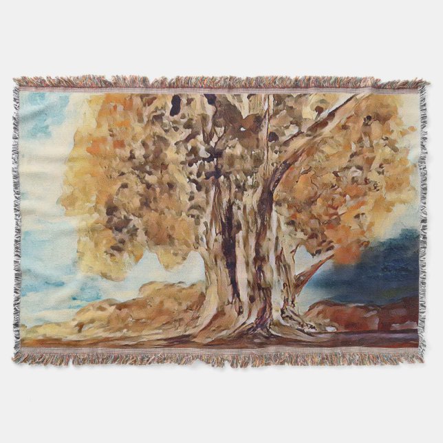 Autumn Jungle Woods Trees Landscape Painting Throw Blanket (Front)