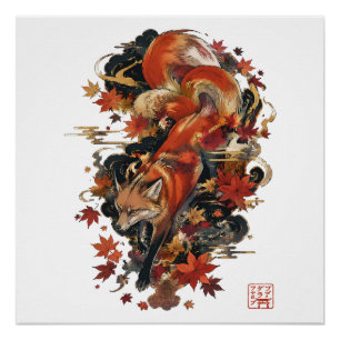 Autumn Kitsune Japanese Fox Spirit Design Poster