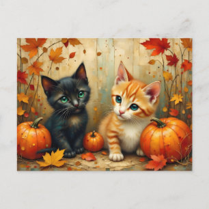 Autumn Kittens Pumpkins and Foliage Holiday Postcard