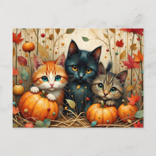 Autumn Kittens Pumpkins and Foliage Holiday Postcard