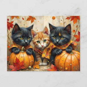 Autumn Kittens Pumpkins and Foliage Holiday Postcard
