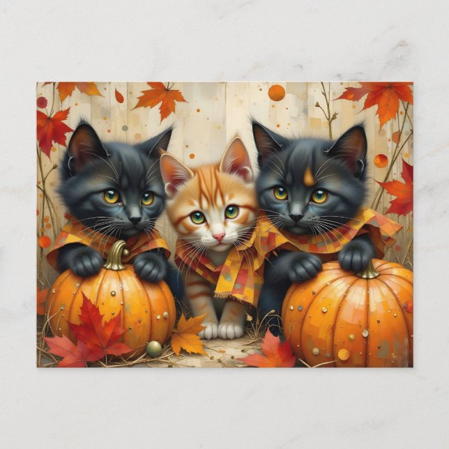 Autumn Kittens Pumpkins and Foliage Holiday Postcard (Front)