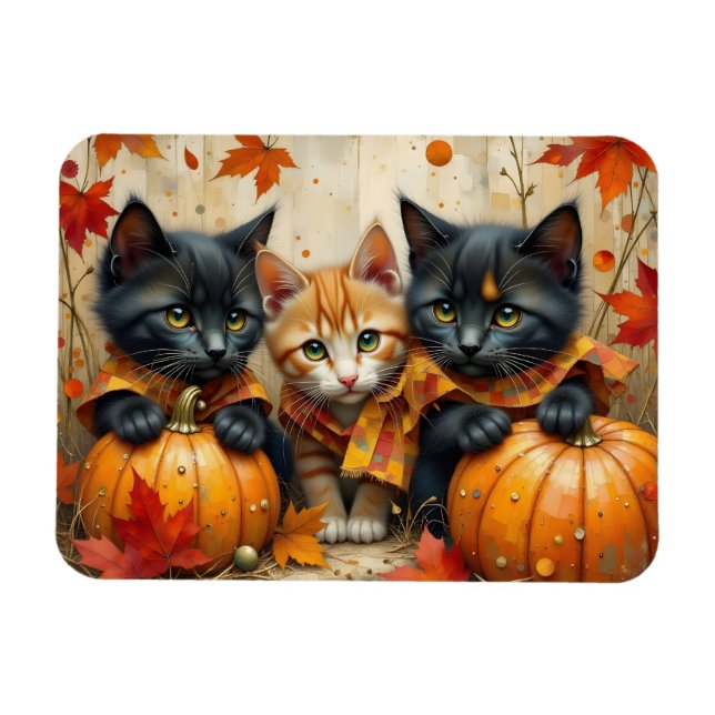 Autumn Kittens Pumpkins and Foliage Magnet (Horizontal)
