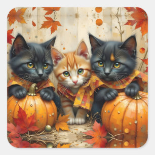 Autumn Kittens Pumpkins and Foliage Square Sticker