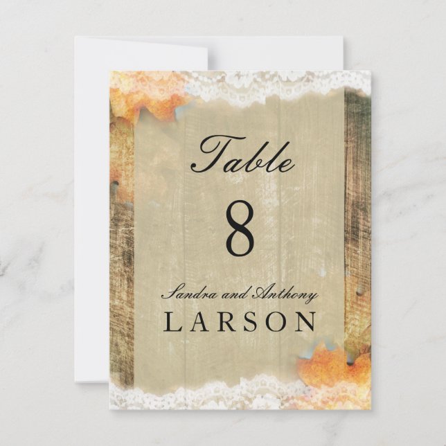 Autumn Lace Rustic Wedding Table Number Cards (Front)
