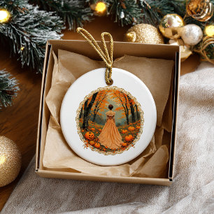 Autumn Lady in Pumpkin Forest Doily Ceramic Tree Decoration