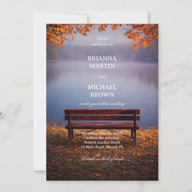 Autumn Lake Bench Romantic Invitation (Front)