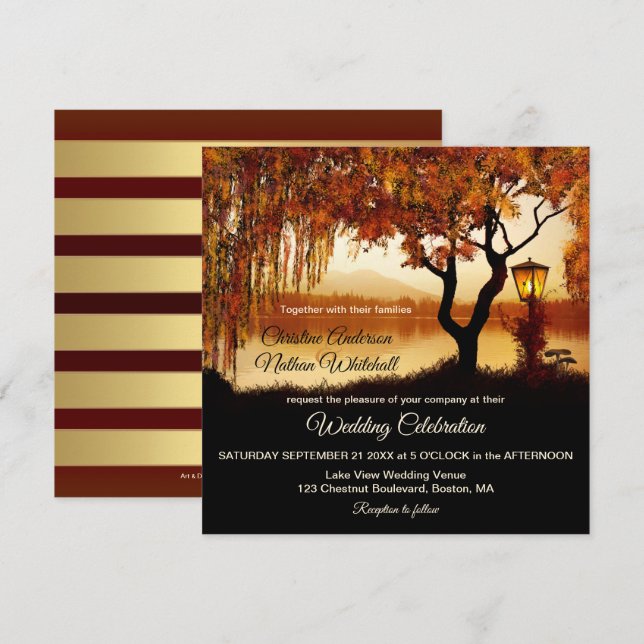 Autumn Lake View Lantern Wedding Invitation (Front/Back)