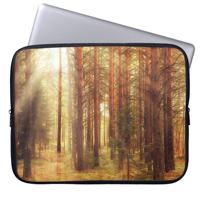 autumn landscape background, sun rays in the fores laptop sleeve (Front)