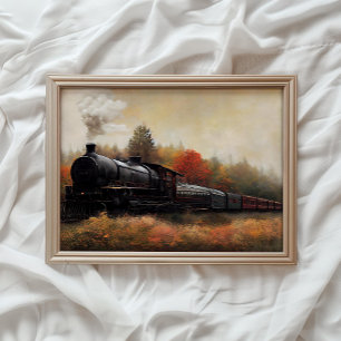 Autumn Landscape Print, Vintage Steam Train Wall Poster