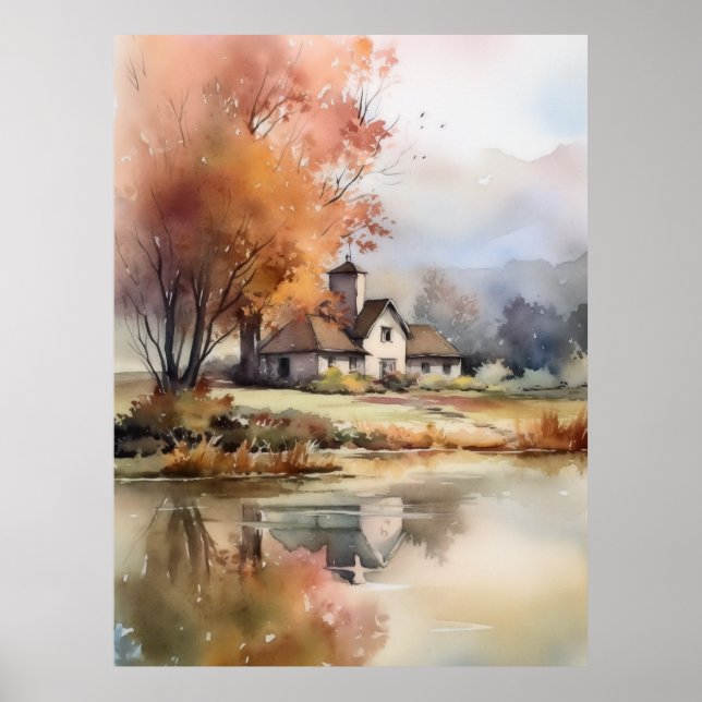 Autumn Landscape Scenery Watercolor Illustration Poster (Front)