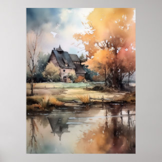 Autumn Landscape Watercolor Illustration Print