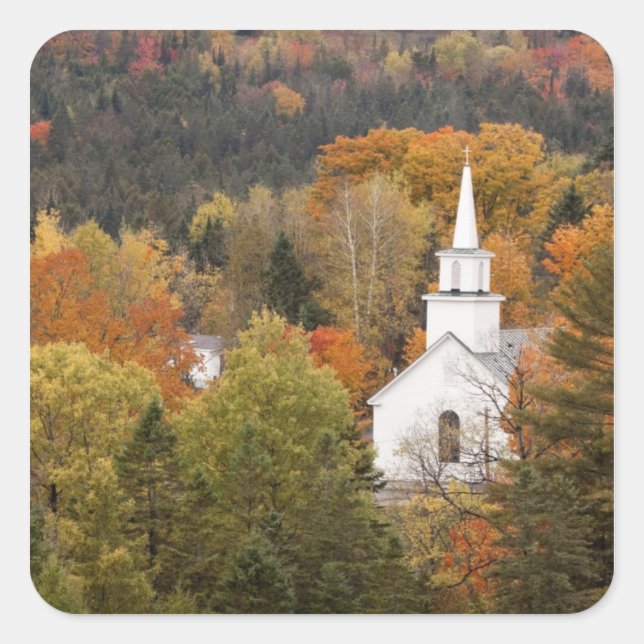 Autumn landscape with church, Vermont, USA Square Sticker (Front)