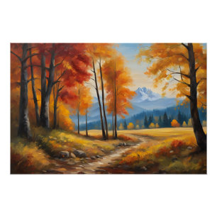 Autumn Landscape with Orange Trees and Mountains Poster