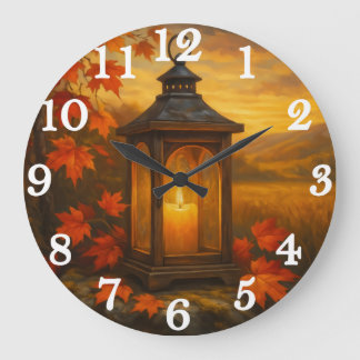 Autumn lantern with maple leaves glow large clock