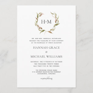 Autumn Laurel Wreath Monogram Wedding Invitation