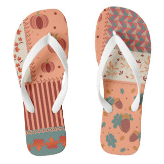 Autumn Leaf Acorn Patchwork Pattern Art Flip Flops