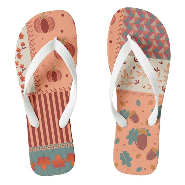 Autumn Leaf Acorn Patchwork Pattern Art Flip Flops (Footbed)