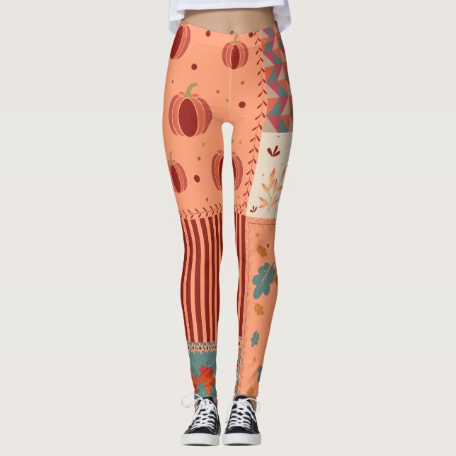 Autumn Leaf Acorn Patchwork Pattern Art Leggings (Front)