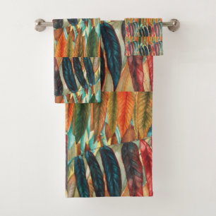 autumn leaf colours original stylised modern art bath towel set
