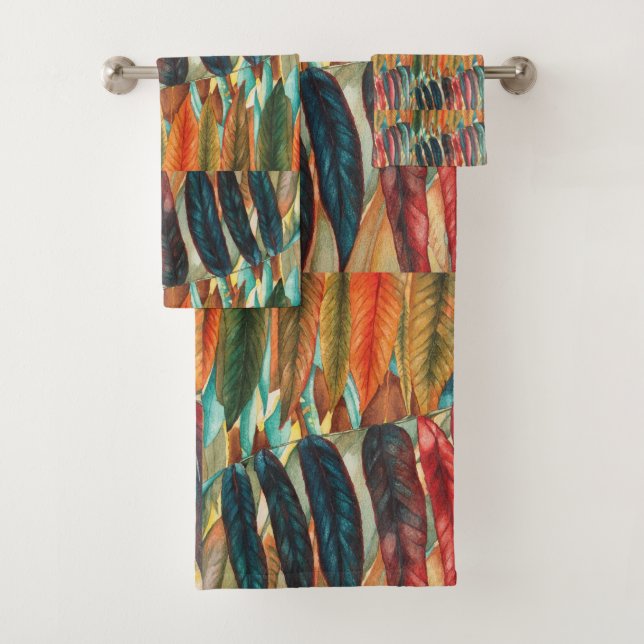 autumn leaf colours original stylised modern art bath towel set (Insitu)