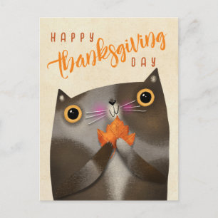 Autumn Leaf Cute Cat Halloween Thanksgiving Fall Holiday Postcard