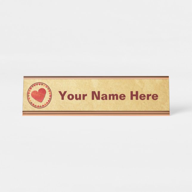 Autumn Leaf Hearts On Old Paper Desk Name Plate (Front)