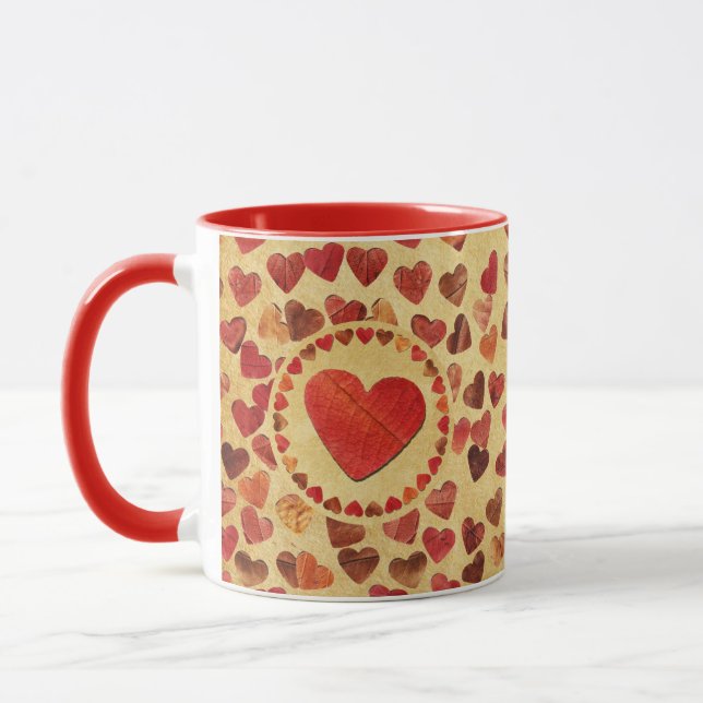 Autumn Leaf Hearts On Old Paper Mug (Left)