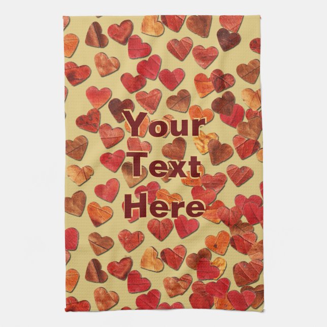 Autumn Leaf Hearts On Old Paper Tea Towel (Vertical)