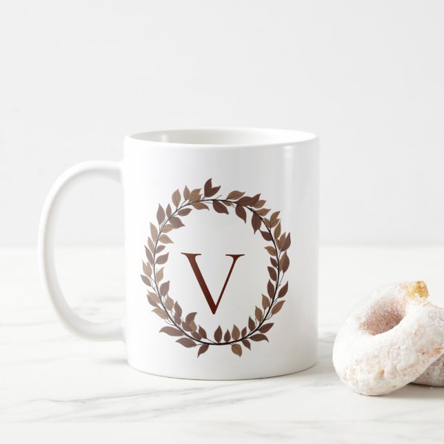 Autumn Leaf Monogram Initial Name Fall Design Coffee Mug (With Donut)