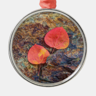 Autumn leaf on rock, California Metal Tree Decoration