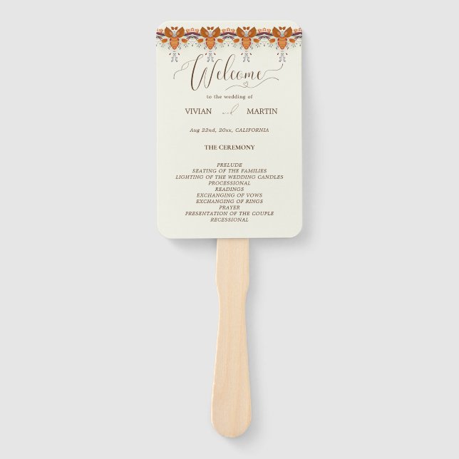 Autumn Leaf Rust Floral Wedding Program Hand Fan (Front)