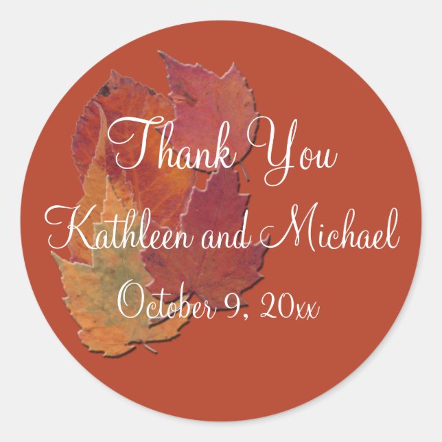 Autumn Leaves 3" Diameter Wedding Favour Sticker (Front)