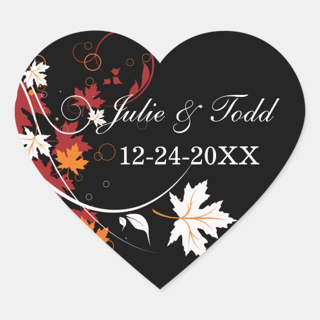 Autumn Leaves Abstract Wedding Save The Date Heart Sticker (Front)