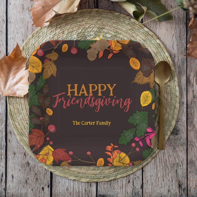 Autumn Leaves Acorns Berries Friendsgiving Dinner Paper Plate (Creator Uploaded)