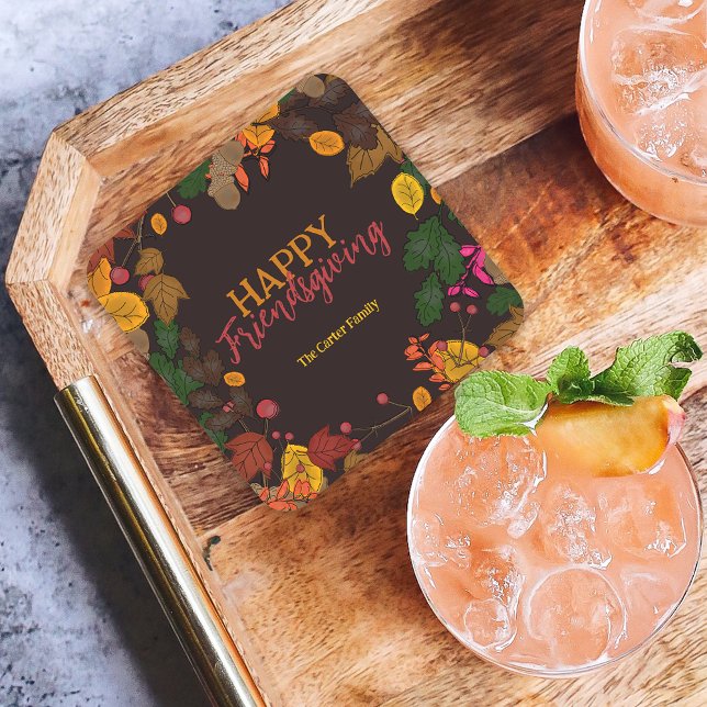 Autumn Leaves Acorns Berries Friendsgiving Dinner Square Paper Coaster (Creator Uploaded)