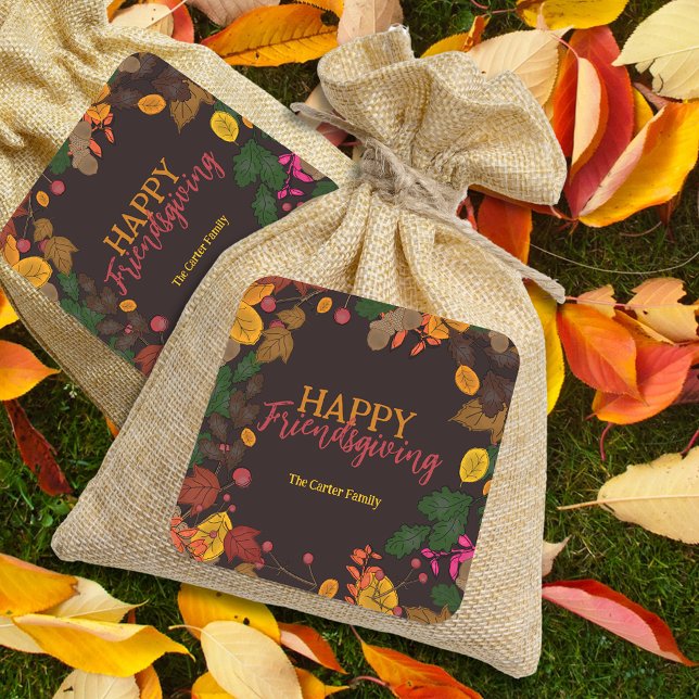 Autumn Leaves Acorns Berries Happy Friendsgiving Square Sticker (Creator Uploaded)