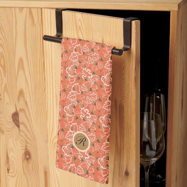 Autumn Leaves Acorns Pattern Orange Monogram Tea Towel (Thirds Fold)