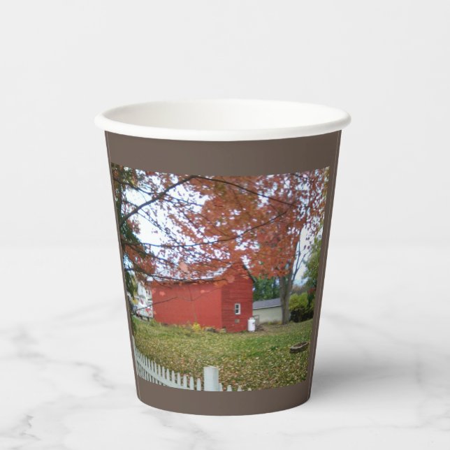 Autumn leaves and a sweet red barn on a mug. coffe paper cups (Front)