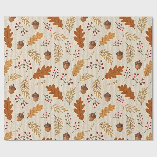 Autumn Leaves and Acorns Pattern Wrapping Paper (Flat)