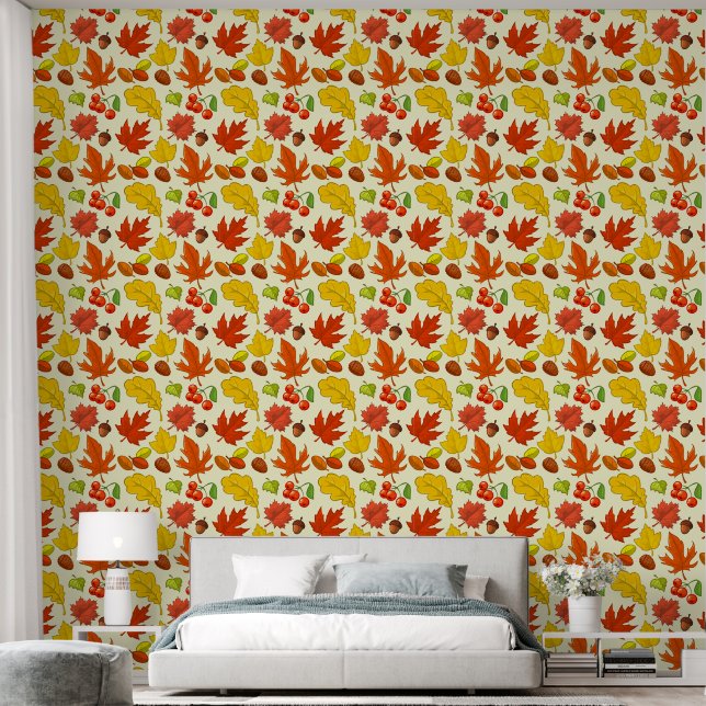 Autumn Leaves and Berries Pattern Wallpaper (Bedroom)