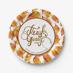 Autumn Leaves And Brown Text Design-Thanks Giving Paper Plate