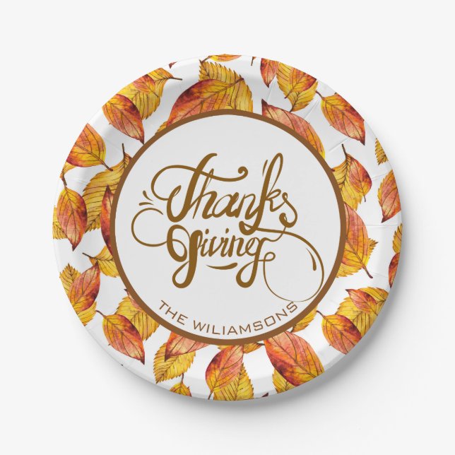 Autumn Leaves And Brown Text Design-Thanks Giving Paper Plate (Front)