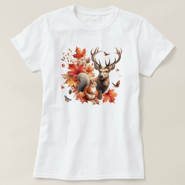 Autumn Leaves and Deer Fall Season  T-Shirt (Design Front)