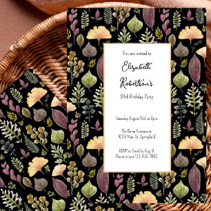 Autumn Leaves and Ferns on Black 84th Birthday Invitation