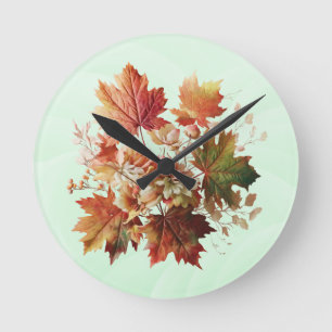 Autumn Leaves and Flowers in Fall Bouquet Art Round Clock
